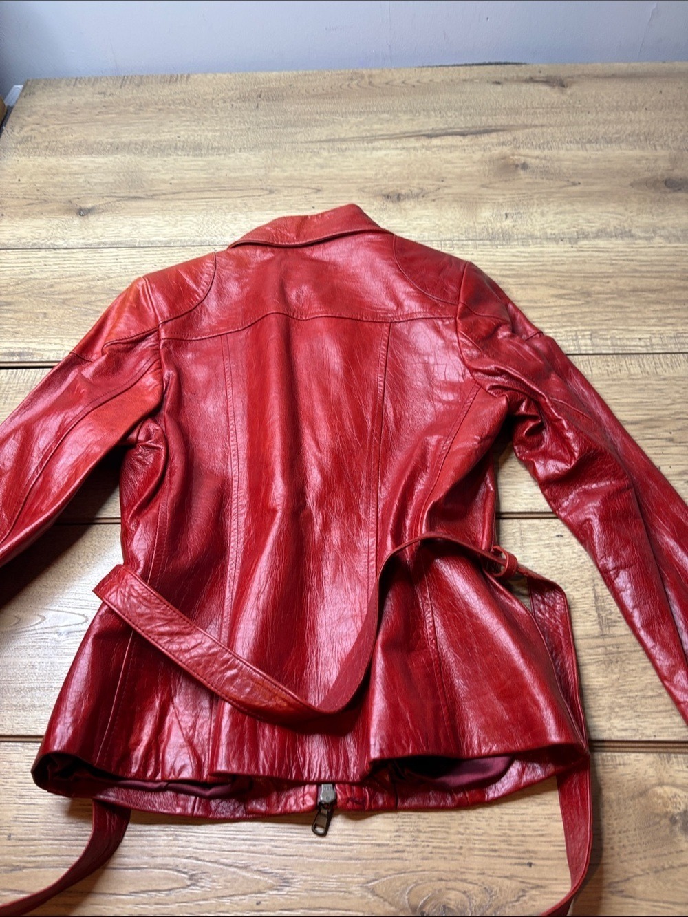 A. Raspini Vera Pelle Red Leather Belted Utility Jacket Size Medium NWT - Picture 9 of 12